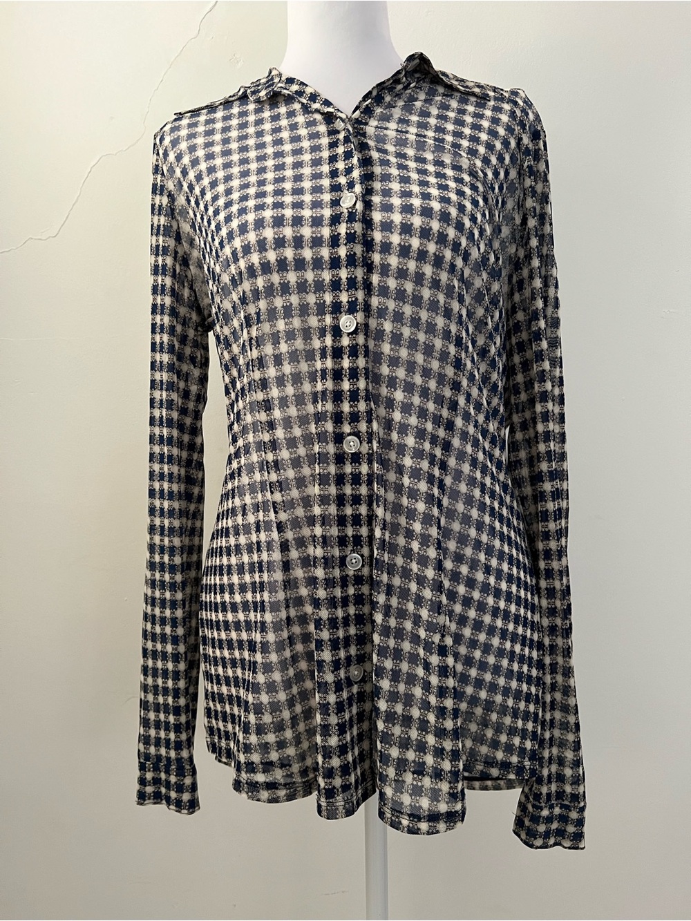 Vintage sheer CAbi Womens Navy and White Check Button-Front Blouse